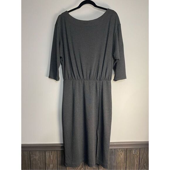 Medium, Anthropologie gray boat neck midi dress with front slit. - Picture 2 of 10
